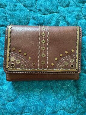 Brown Leather Gold Embellished Trifold Unisex Decorative Wallet 4.5"x3.25"